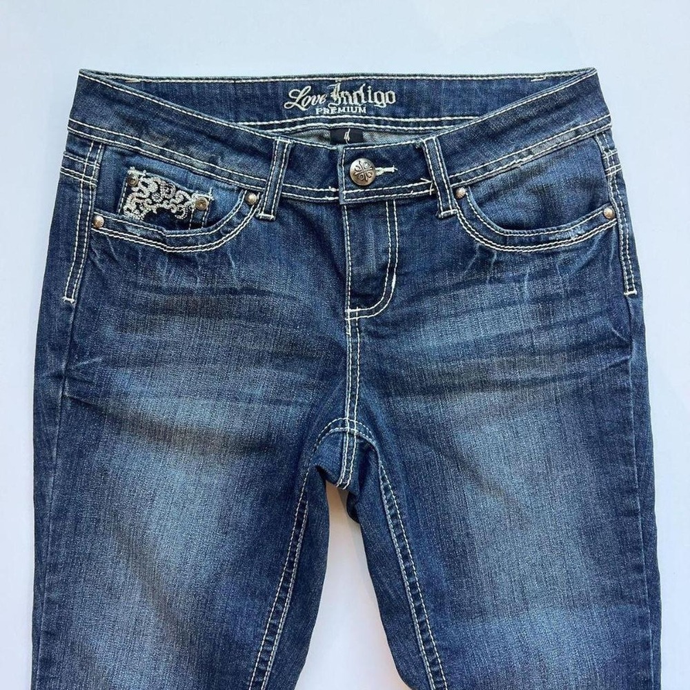 Y2K Love Indigo Low Rise Capris with Angel Wing Embellished Pockets - Picture 5 of 6